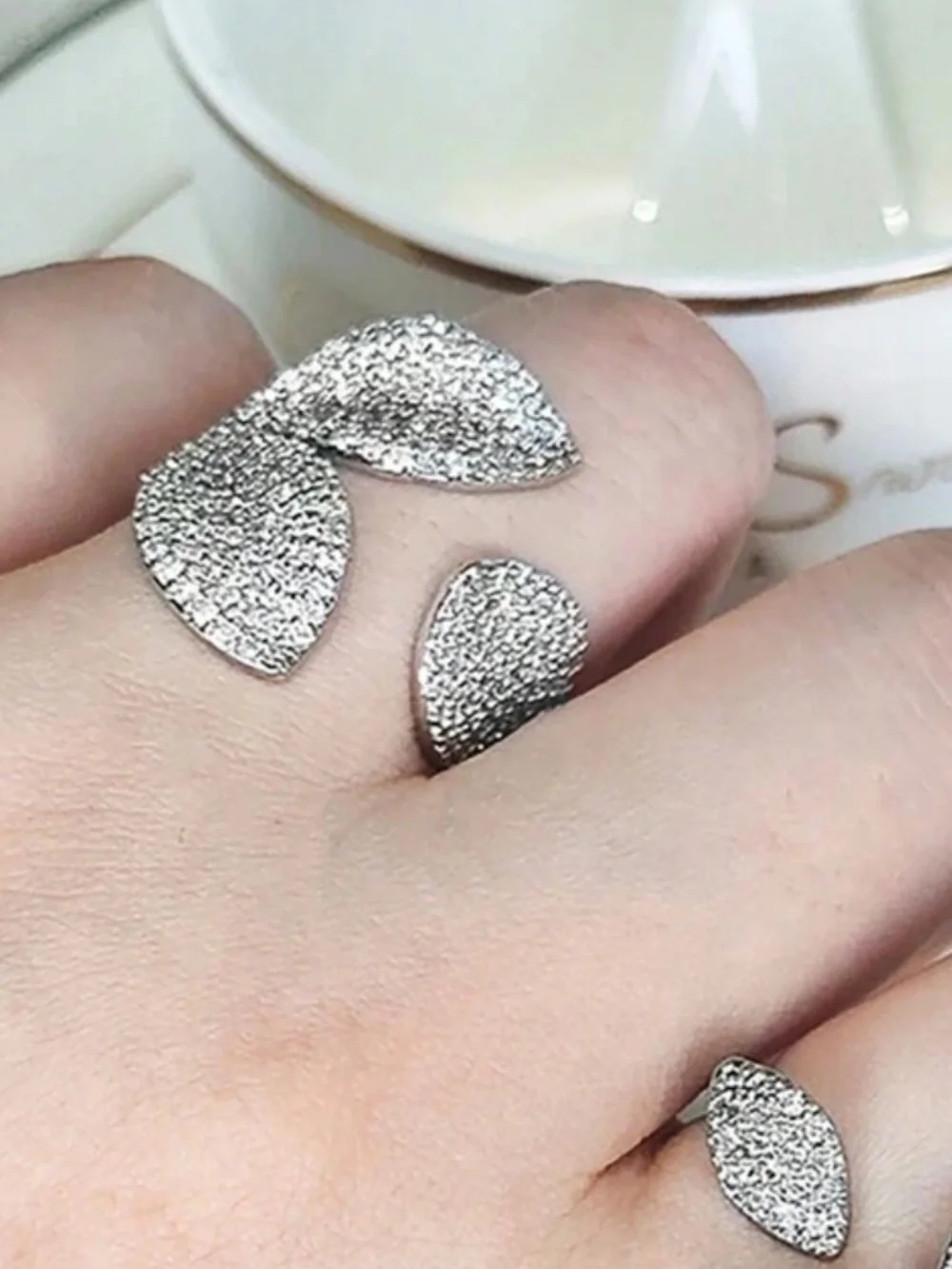 Anthropologie Silver Pave Leaf-Accent Adjustable Ring